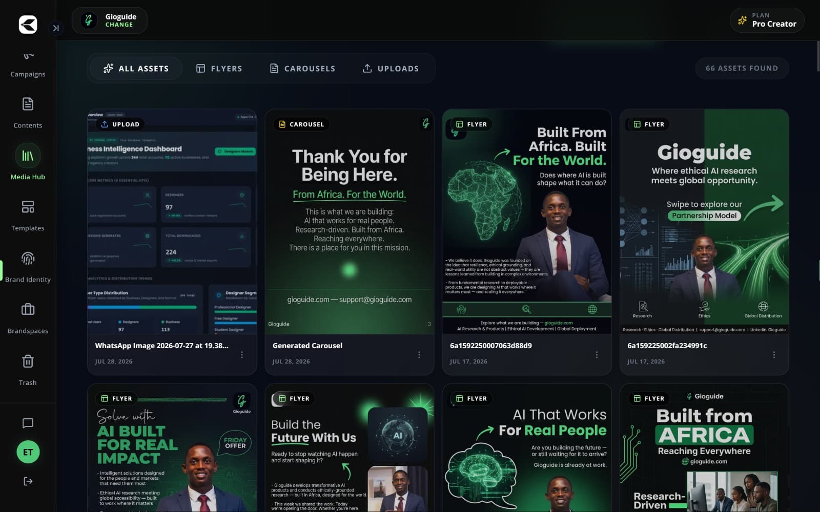 KratorAI Media Hub showing generated flyers, carousels, uploads, and brand assets